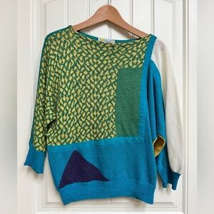 Vintage Laurel Abstract Blue, Green & Yellow Boat Neck Dolman Sleeve Sweater. M